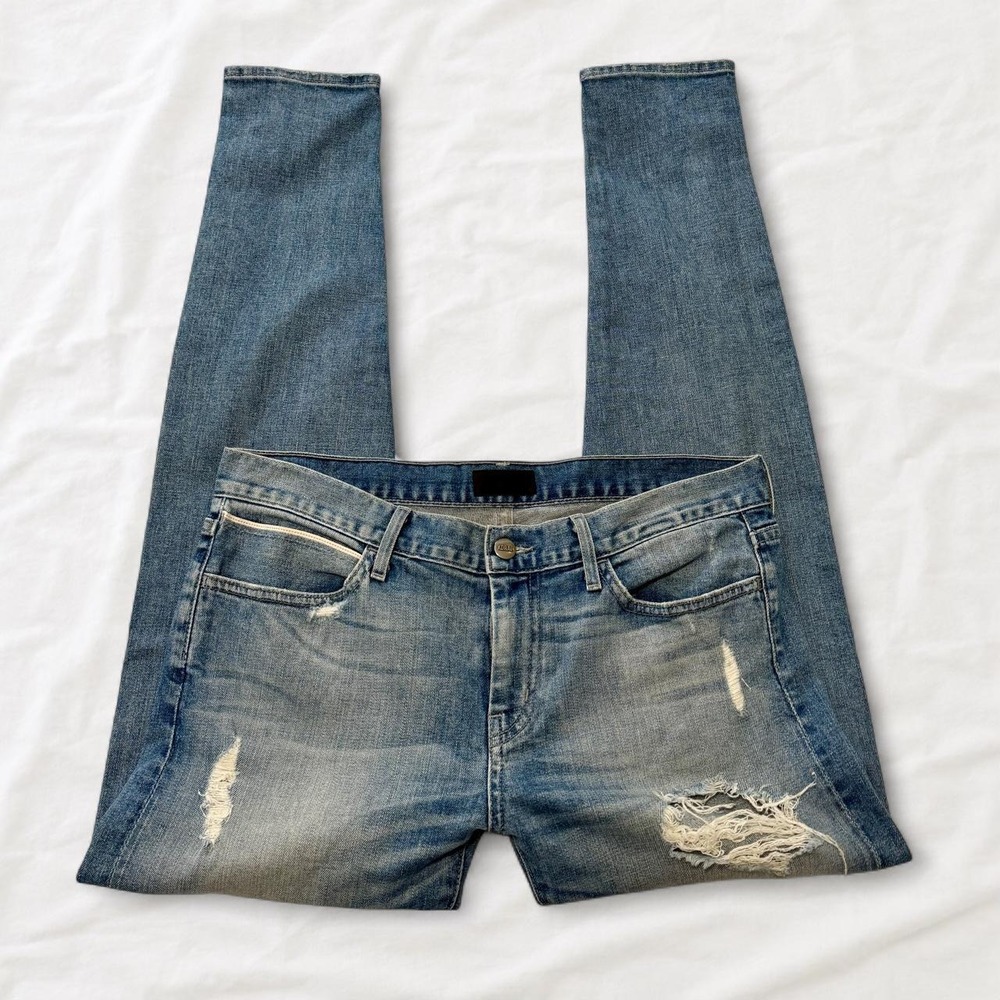 Koral Distressed Boyfriend Jeans Medium Wash Ripped Knee Blue Denim Size 27